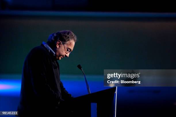 Sergio Marchionne, chief executive officer of Fiat SpA and Chrysler LLC, speaks during an automotive forum in New York, U.S., on Tuesday, March 30,...