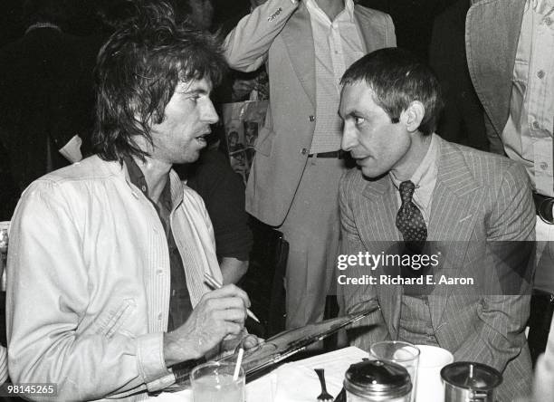 Keith Richards and Charlie Watts posed at the launch party for the Rolling Stones album 'Love You Live' at Trax in New York in September 1977