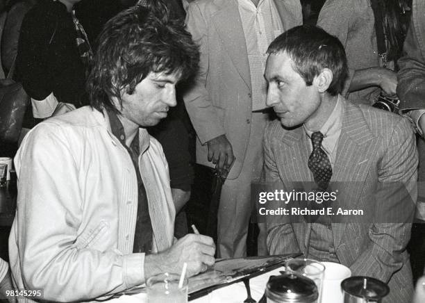 Keith Richards and Charlie Watts posed at the launch party for the Rolling Stones album 'Love You Live' at Trax in New York in September 1977