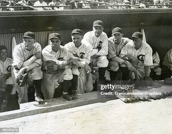 The sluggers for the 1932 Chicago Cubs line up on the dugout steps with Rogers Hornsby, far left, George Kelly, third from right, and Hack Wilson,...