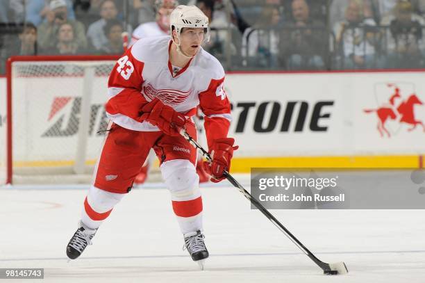 Darren Helm of the Detroit Red Wings skates against the Nashville Predators on March 27, 2010 at the Bridgestone Arena in Nashville, Tennessee.