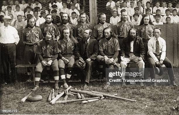 Group of House of David barnstorming baseball players pose for a photo in Benton Harbor, Michigan around 1920.