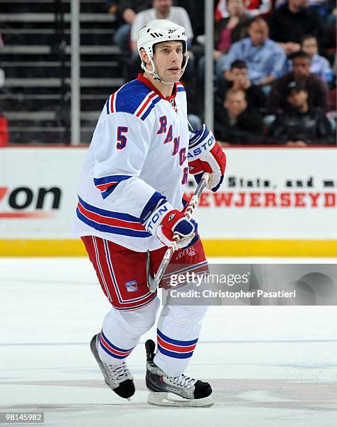 Daniel Girardi of the New York Rangers skates during the second period against the New Jersey Devils at the Prudential Center on March 25, 2010 in...