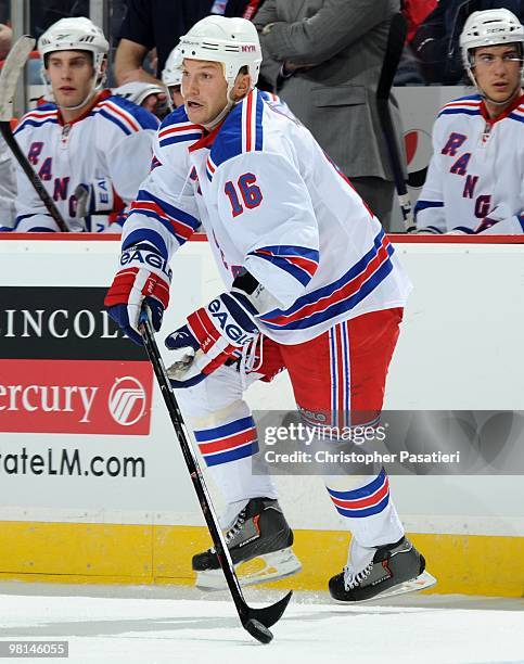 Sean Avery of the New York Rangers skates during the second period against the New Jersey Devils at the Prudential Center on March 25, 2010 in...