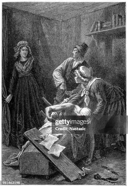 death of jean-paul marat, french revolutionary and jacobin, killed in his bathtub by charlotte corday, a girondin in favour of the monarchy, who was eventually decapitated - charlotte corday stock illustrations