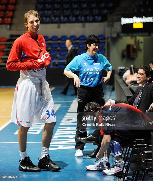 Zoran Planinic of CSKA Moscow and Marcelinho Huertas of Caja Laboral talk each other before the Euroleague Basketball 2009-2010 Play Off Game 3...