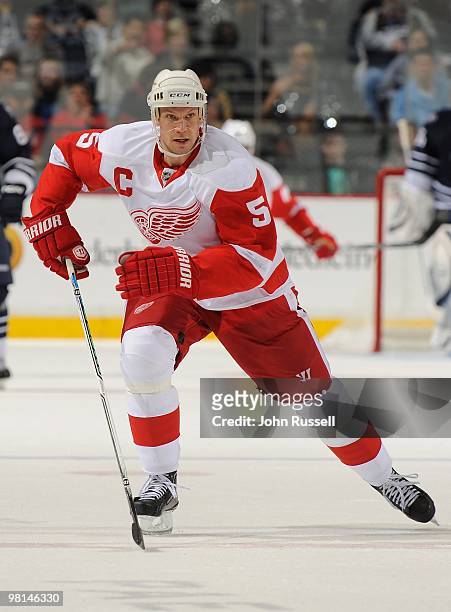 Nicklas Lidstrom of the Detroit Red Wings skates against the Nashville Predators on March 27, 2010 at the Bridgestone Arena in Nashville, Tennessee.