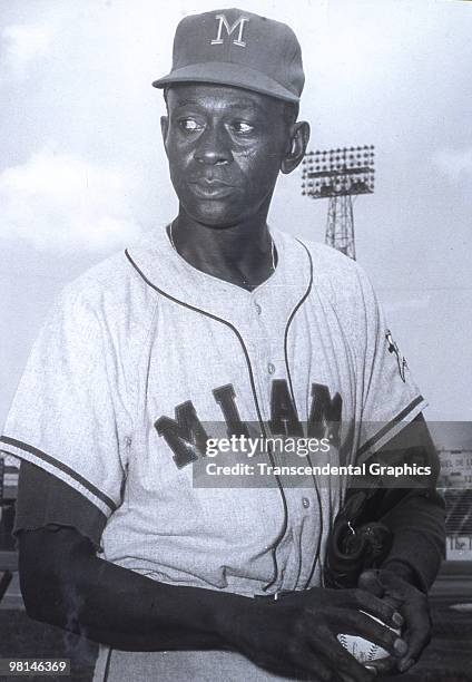 Satchel Paige of the Miami Marlins poses for portrait during a game in 1956.