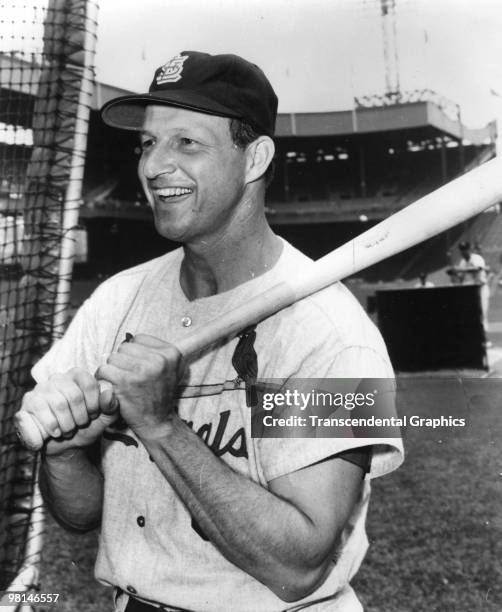 Stan Musial is captured in a pre-game photo at the batting cages in the Polo Grounds in New York before a game with the Giants.