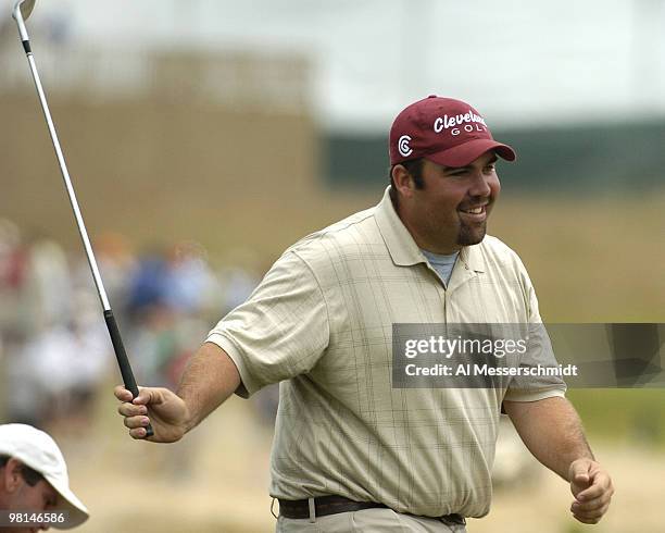 Kevin Stadler sinks a shot from a bunker for a birdie on the third hole at Shinnecock Hills, site of the 2004 U. S. Open, during third-round play...