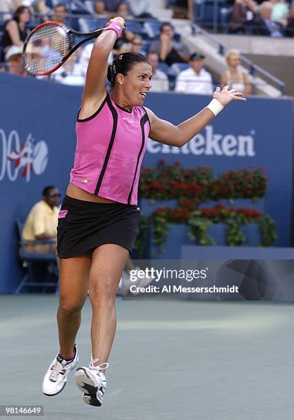 Jennifer Capriati loses to Elena Dementieva in the sem- finals of the women's singles September 10, 2004 at the 2004 US Open in New York.