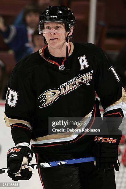 Corey Perry of the Anaheim Ducks skates on the ice during pre game warm ups prior to the game against the Dallas Stars on March 29, 2010 at Honda...