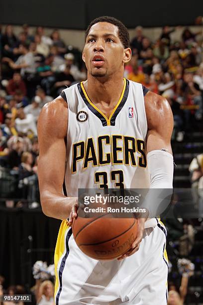 Danny Granger of the Indiana Pacers shoots a free throw against the Oklahoma City Thunder during the game on March 21, 2010 at Conseco Fieldhouse in...
