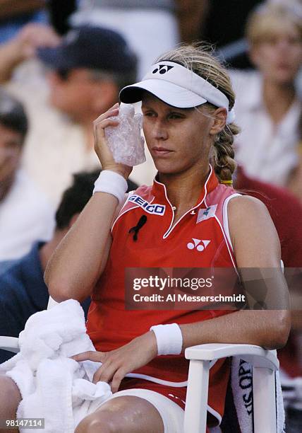 Elena Dementieva takes ice and defeats Jennifer Capriati in the sem- finals of the women's singles September 10, 2004 at the 2004 US Open in New York.