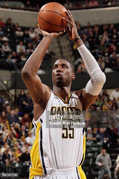 Roy Hibbert of the Indiana Pacers shoots a free throw against the Oklahoma City Thunder during the game on March 21, 2010 at Conseco Fieldhouse in...