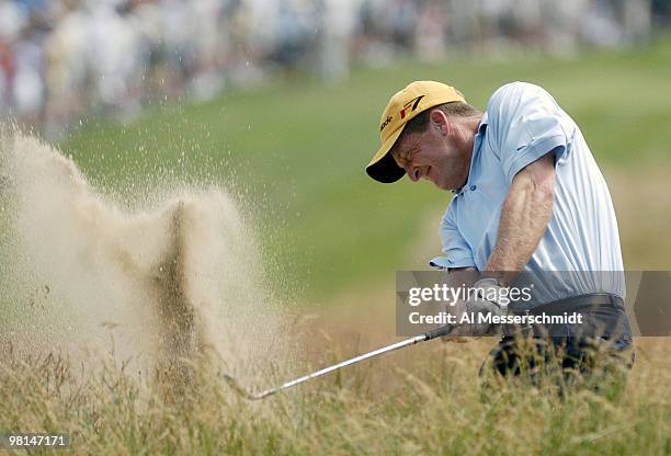 Fred Funk blasts from the sand at Shinnecock Hills, site of the 2004 U. S. Open, during third-round play June 19, 2004.