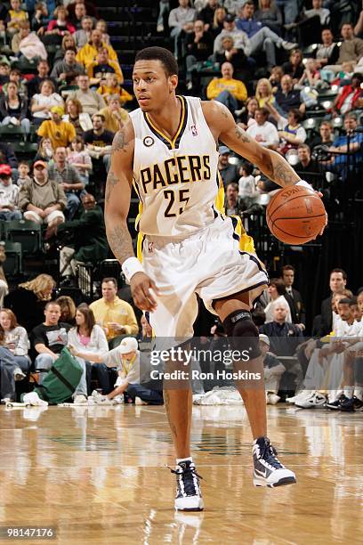 Brandon Rush of the Indiana Pacers handles the ball against the Oklahoma City Thunder during the game on March 21, 2010 at Conseco Fieldhouse in...