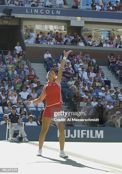 Elena Dementieva serves and defeats Jennifer Capriati in the sem- finals of the women's singles September 10, 2004 at the 2004 US Open in New York.