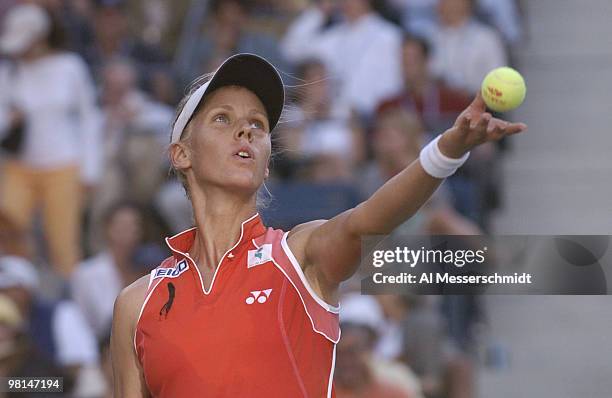 Elena Dementieva serves and defeats Jennifer Capriati in the sem- finals of the women's singles September 10, 2004 at the 2004 US Open in New York.