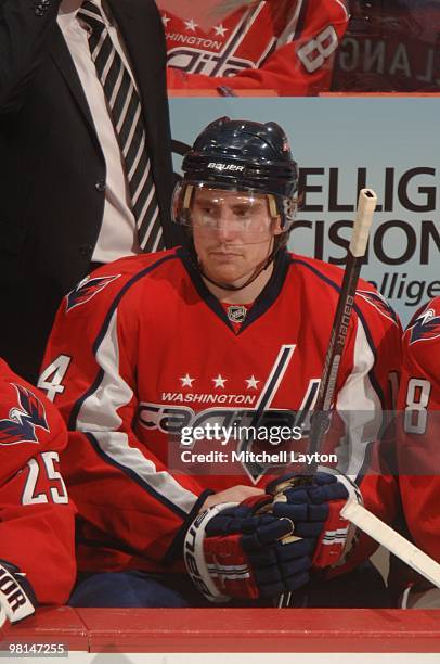 Tomas Fleischmann of the Washington Capitals looks on during a NHL hockey game against the Pittsburgh Penguins on March 24, 2010 at the Verizon...