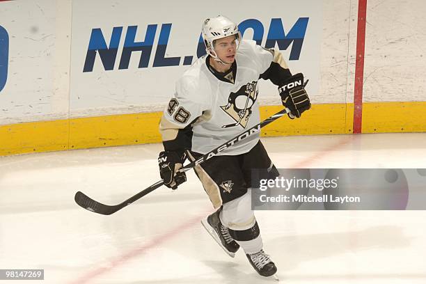 Tyler Kennedy of the Pittsburgh Penguins looks on during a NHL hockey game against the Washington Capitals on March 24, 2010 at the Verizon Center in...