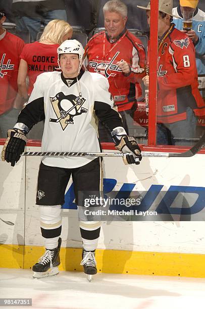 Rusian Fedotenko of the Pittsburgh Penguins looks on during warm ups of a NHL hockey game against the Washington Capitals on March 24, 2010 at the...