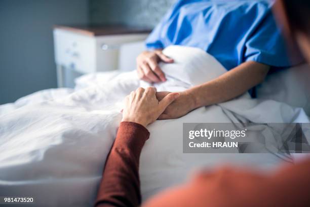 femme tenant la main de soeur dans son lit d’hôpital - lit dhôpital photos et images de collection