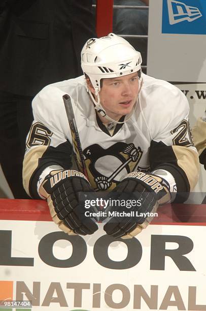 Rusian fedotenkol of the Pittsburgh Penguins looks on during a NHL hockey game against the Washington Capitals on March 24, 2010 at the Verizon...