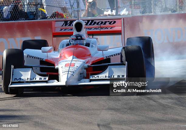 Sam Hornish Jr. Trails smoke while driving in the 2005 Honda Grand Prix of St. Petersburg April 3.