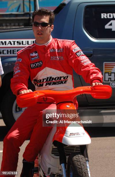 Sam Hornish jr. Arrives on a motorcycle for racing at the 2005 Honda Grand Prix of St. Petersburg April 3.