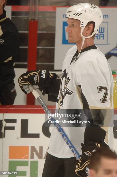 Mark Eaton of the Pittsburgh Penguins during a NHL hockey game against the Washington Capitals on March 24, 2010 at the Verizon Center in Washington,...