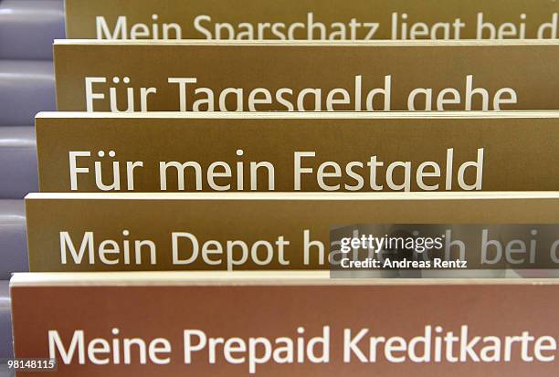 Information brochures are pictured at an Allianz bank on March 30, 2010 in Berlin, Germany. Allianz focused on their core market Germany under the...