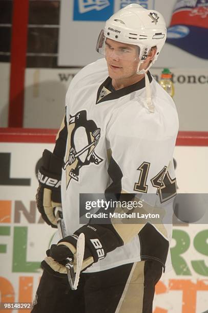 Chris Kunitz of the Pittsburgh Penguins looks on during warm ups of a NHL hockey game against the Washington Capitals on March 24, 2010 at the...