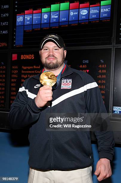 Steve Holcomb, pilot of the gold medal winning United States four-man bobsled team, visits the New York Stock Exchange on March 30, 2010 in New York...