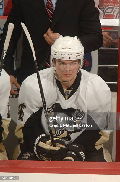 Chris Kunitz of the Pittsburgh Penguins looks on during a NHL hockey game against the Washington Capitals on March 24, 2010 at the Verizon Center in...