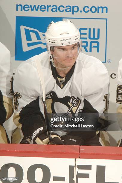 Chris Kunitz of the Pittsburgh Penguins looks on during warm ups of a NHL hockey game against the Washington Capitals on March 24, 2010 at the...