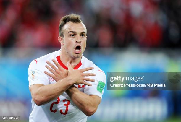 Xherdan Shaqiri of Switzerland celebrates scoring a goal during the 2018 FIFA World Cup Russia group E match between Serbia and Switzerland at...