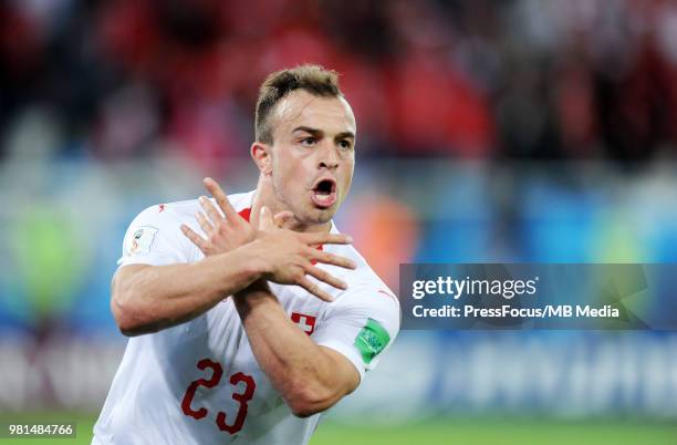 Xherdan Shaqiri of Switzerland celebrates scoring a goal during the 2018 FIFA World Cup Russia group E match between Serbia and Switzerland at...