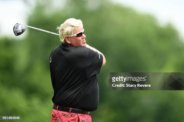 John Daly hits his tee shot on the second hole during the first round of the American Family Insurance Championship at University Ridge Golf Course...