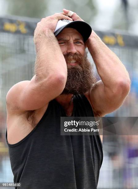 Maddison McKibbin reacts during his loss against Casey Patterson and Stafford Slick during opening rounds of the AVP Seattle Open at Lake Sammamish...