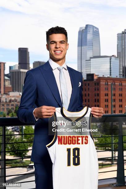 Denver Nuggets draft pick, Michael Porter Jr., poses for a photo during a press conference on June 22, 2018 at the Pepsi Center in Denver, Colorado....