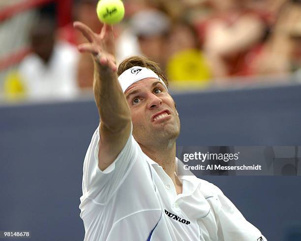 Greg Rusedski loses to Taylor Dent 4-6 4-6 in a semi-final match at the 2005 RCA Championships at the Indianapolis Tennis Center in Indianapolis,...