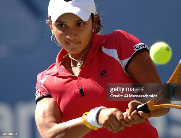 Sania Mirza falls to top-seeded Maria Sharapova 6-2 6-1 in a women's quarter final match at the 2005 U. S. Open in Flushing, New York.