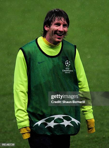 Lionel Messi of Barcelona during a training session ahead of their UEFA Champions League quarter final first leg match against Arsenal at the...