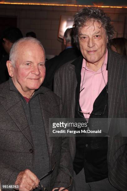 Actor Ian Holm and playwright Tom Stoppard arrive at a VIP screening of The Ghost held at The Courthouse Hotel on March 30, 2010 in London, England.
