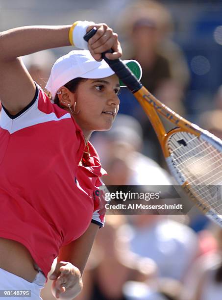 Sania Mirza falls to top-seeded Maria Sharapova 6-2 6-1 in a women's quarter final match at the 2005 U. S. Open in Flushing, New York.