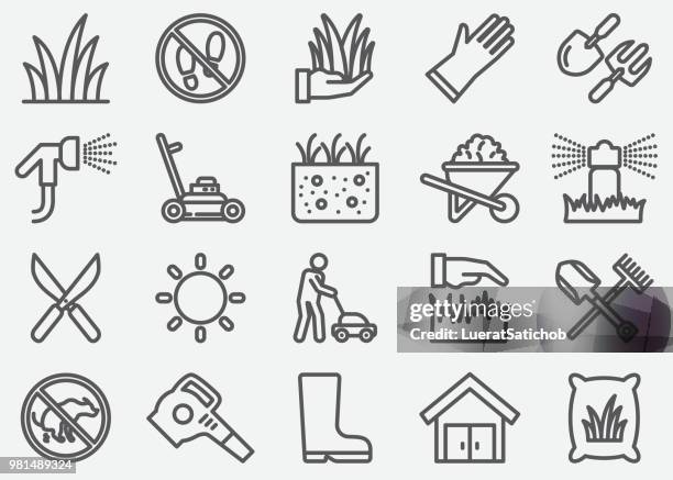 stockillustraties, clipart, cartoons en iconen met gras lijn pictogrammen - lawn care