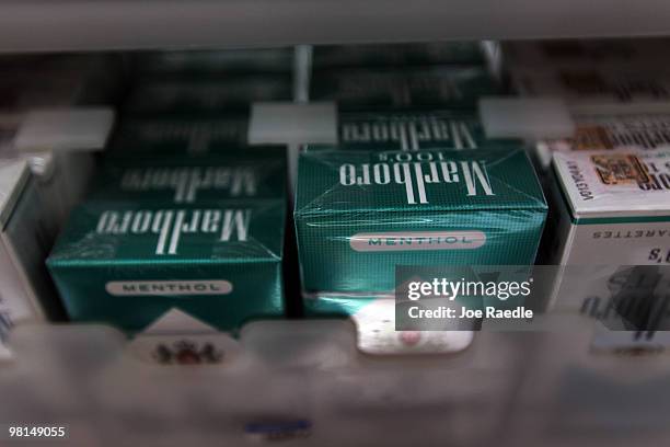 Menthol cigarettes are seen for sale on a shelf at a Quick Stop store on March 30, 2010 in Miami, Florida. Today in Washington, DC a public hearing...