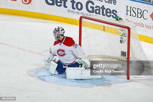 Goalie Carey Price of the Montreal Canadiens guards the net against the Buffalo Sabres at HSBC Arena on March 24, 2010 in Buffalo, New York.