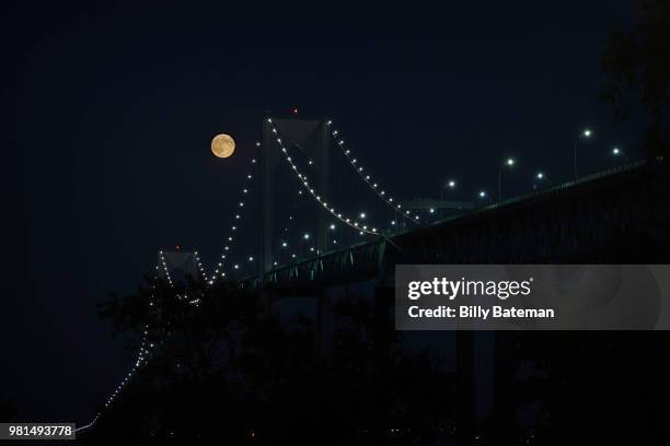 super moon over newport bridge - newport bridge stock pictures, royalty-free photos & images